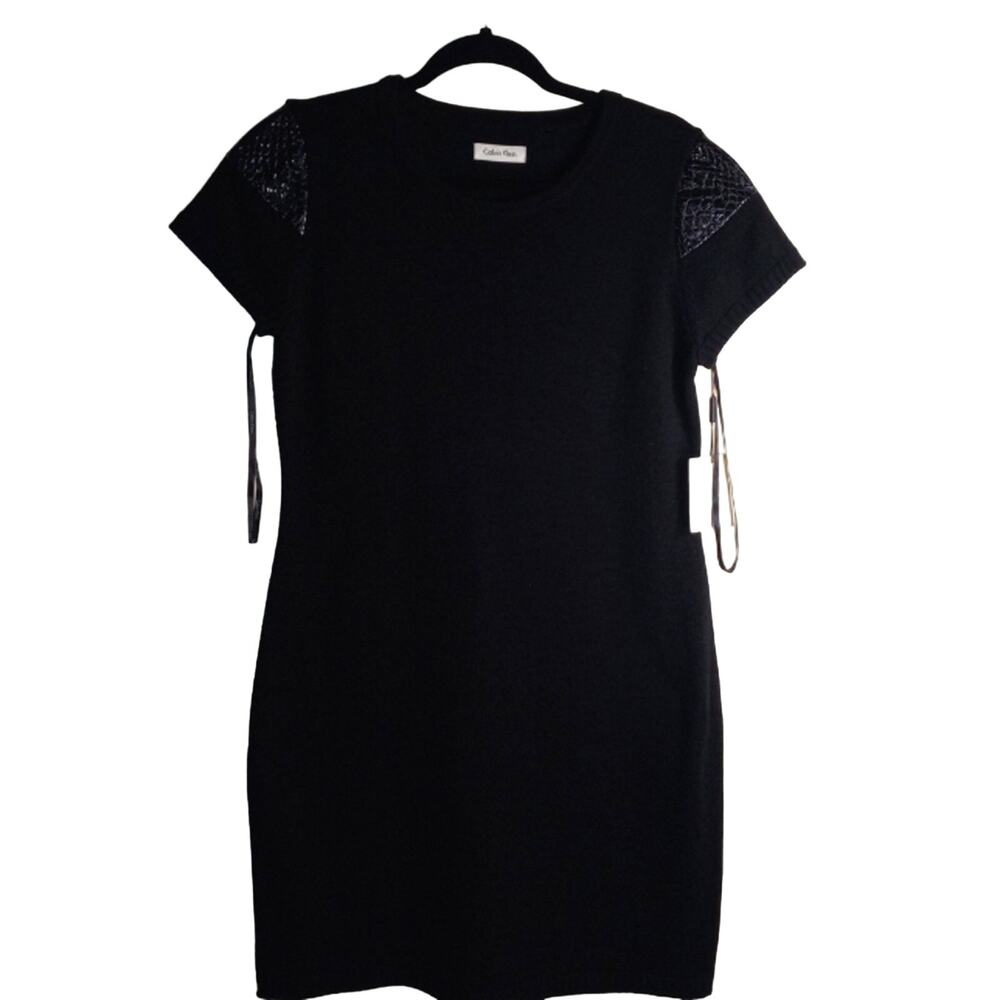 Calvin Klein Knit Dress Black with crocodile pattern vinyl shoulders Large